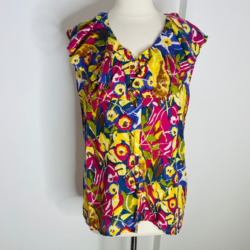 Sonite Collection 100% Silk Floral Ruffle Sleeveless Blouse L Pink Yellow Blue